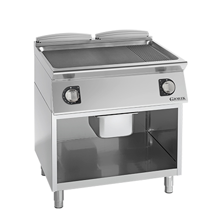 ELECTRIC FRY TOP ON OPEN BASE CABINET - FULL SURFACE SMOOTH/RIBBED IRON GRIDDLE