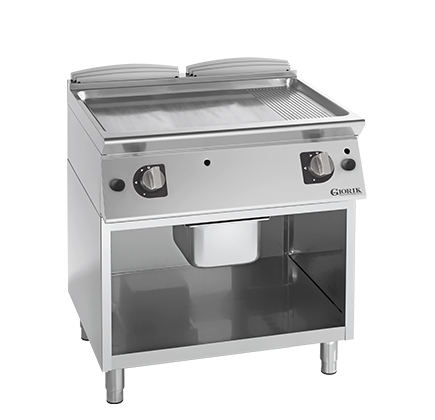 GAS FRY TOP ON OPEN BASE CABINET - FULL SURFACE CHROME-PLATED SATIN FINISH SMOOTH/RIBBED GRIDDLE