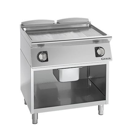 ELECTRIC FRY TOP ON OPEN BASE CABINET - CHROME-PLATED SATIN FINISH SMOOTH/RIBBED GRIDDLE