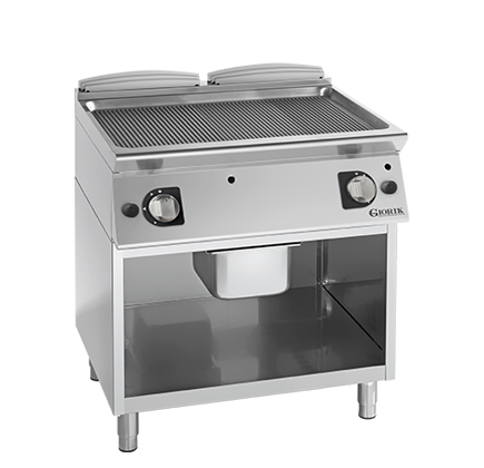 GAS FRY TOP ON OPEN BASE CABINET - FULL SURFACE RIBBED IRON GRIDDLE
